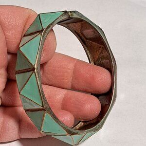 Raised mint green triangle oval shaped metal clamp bracelet